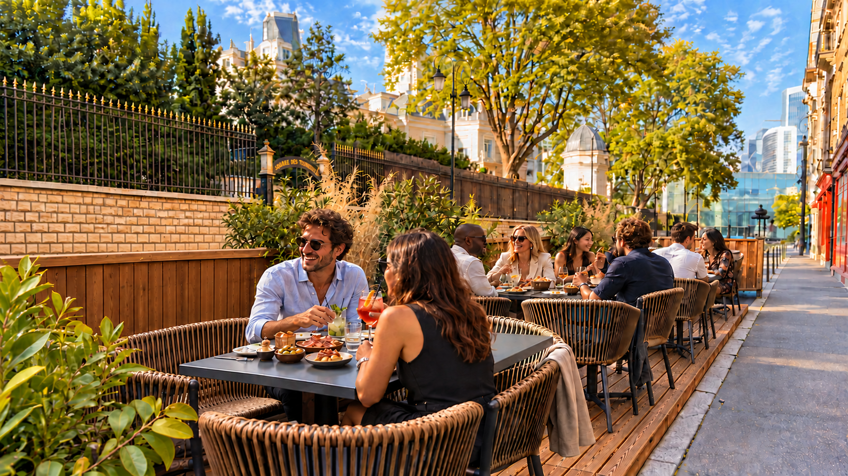 La terrasse végétalisée de Huguito à Puteaux, avec ses tables en extérieur